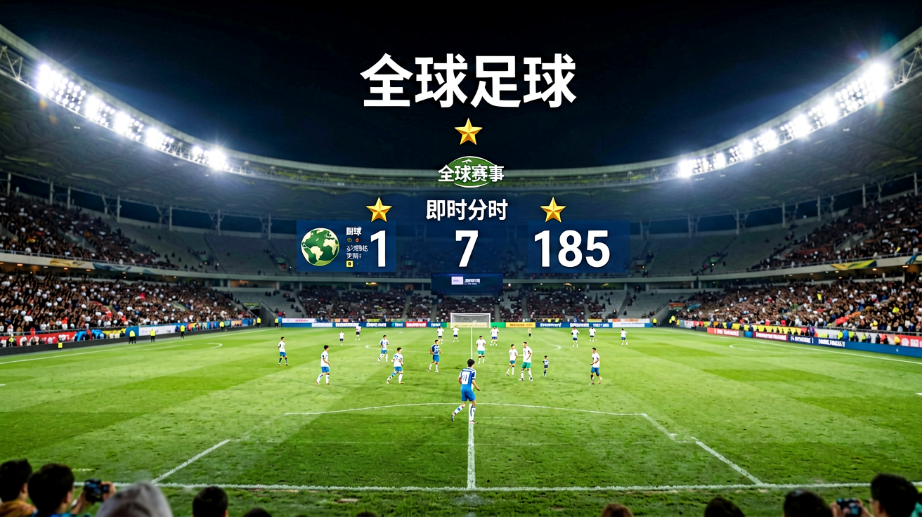 夜晚灯光下的足球场，象征全球足球赛事实时直播场景